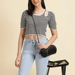 SHOWOFF Striped Puff Sleeves Crop Top-image-85