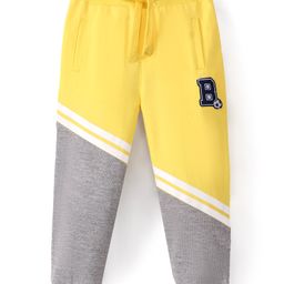 Babyhug Cotton Looper Knit Full Length Lounge Pants Text Embroidery- Yellow & Grey-image-54