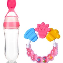 DOMENICO Silicone Squeezy Food Feeder Bottle With Spoon & Rattle Teether - Pink-25