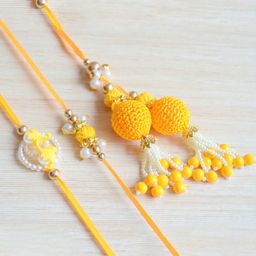 Pretty Ponytails Set Of 3 Pearl Hand Crocheted Embellished Bhaiya and Bhabhi Lace Rakhi with Lumba - Yellow & White-image-2