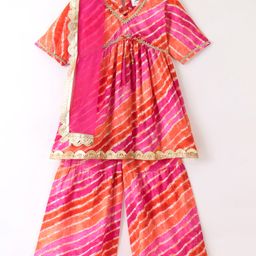 Teentaare Cotton Three Fourth Sleeves Kurta & Sharara with Dupatta Set Leheriya Print - Pink & Orange-image-3