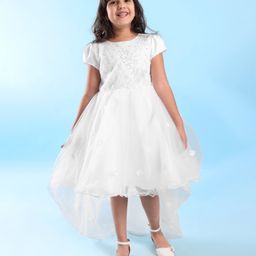 Mark & Mia Half Sleeves High & Low Design Party Frock With Floral Embroidery -White-picture-4