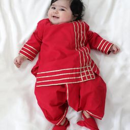 BownBee Pure Cotton Full Sleeves Lace Embellished Coordinating Kurta & Dhoti Set With Booties - Red-11