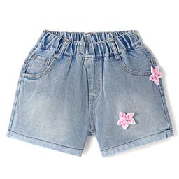 Kookie Kids Solid Shorts with Floral Applique - Blue-image-60