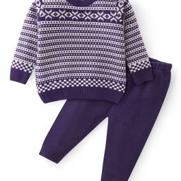 Babyhug Knit Full Sleeves Sweater Set With Aztec Design - Purple-image-54