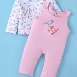 ToffyHouse 100% Cotton Knit Full Sleeves Sparrow Printed T-Shirt & Dungaree Style Romper Set - Pink-image-30