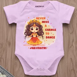 KNITROOT Navratri Theme Half Sleeves Never Miss A Chance To Dance Text Printed Onesie - Pink-picture-24