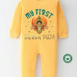 BLUSHES Durga Puja Theme 100% Cotton Full Sleeves My First Durga Puja Text Printed Romper - Yellow-picture-1