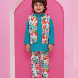 AJ Dezines Full Sleeves Soild Kurta With Floral Printed Coordinating Pant & Jacket Set - Blue-image-44