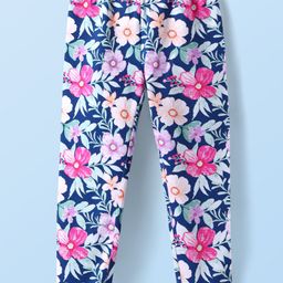 Babyhug Cotton Lycra Knit Full Length Legging With Floral Print - Navy Blue-image-92