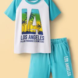 Honeyhap Premium100% Cotton Bio Finish Knit Half Raglan Sleeves Shorts Nightsuit With Los Angeles Text Print - Bright White & Scuba Blue-image-43