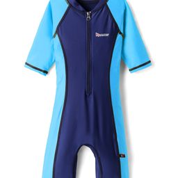 ROVARS Lycra Half Raglan Sleeves Legged Swimsuit - Aqua & Navy Blue-image-8