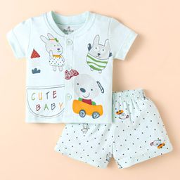 Child World Interlock Knit Half Sleeves Shorts Night Suit With Animal & Polka Dot Print - Light Blue-picture-40
