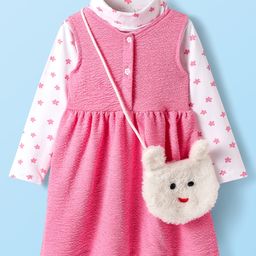 Babyhug Cotton Knit Textured Frock with Full Sleeves Floral Printed Inner Tee & Sling Bag - Pink & White-image-89