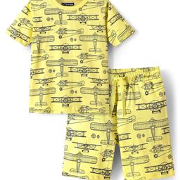 Pine Kids Single Jersey Knit Half Sleeves Shorts Nightsuit With Airplane Print - Lemon Yellow-image-2