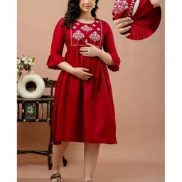 CeleBravo Cotton Blend Three Fourth Bell Sleeves Floral Embroidered Maternity Dress With Nursing Access - Maroon-picture-11