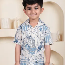 Polka Tots Cotton Half Sleeves Leaves Printed Shirt - Blue-picture-25