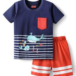 Babyhug Cotton Knit Half Sleeves Shorts Night Suit With Whale Print - Navy Blue-image-56
