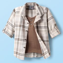 Dapper Dudes Full Sleeves Checked Shirt With Attached Tee - Brown-image-38