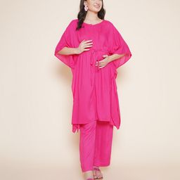Mine4Nine Rayon Woven Half Batwing Sleeves Solid Maternity Kaftaan Top With Nursing Access & Coordinating Pant Set - Pink-image-34