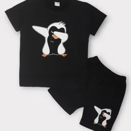 Kiwi Cotton Woven Half Sleeves Baby Penguin Printed Coordinating Tee & Shorts Set - Black-picture-0