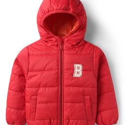 Babyhug Woven Full Sleeves Hooded Padded Jacket With Alphabet Patch - Red-image-97