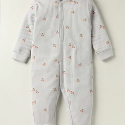 I Bears Interlock Knit Full Sleeves Front Open Romper With Cherry Print - Silver-image-0