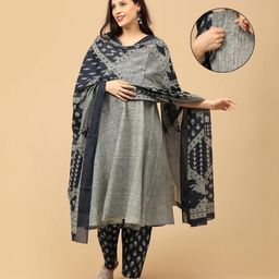 The Mom Store Cotton Knit Three Fourth Puffed Sleeves Ethnic Motif Printed Maternity & Side Zipper Nursing Access Kurti With Pant & Dupatta Set - Multi Colour-picture-19
