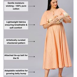 Dummy Shape Half Sleeves Checked Maternity Flared Kurta With Attached Belt & Concealed Zipper Nursing Access - Light Orange image 3
