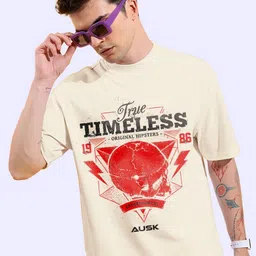 AUSK Typography Printed Round Neck Drop Shoulder Sleeves Cotton Oversized T-shirt-image-95