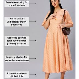 Dummy Shape Half Sleeves Checked Maternity Flared Kurta With Attached Belt & Concealed Zipper Nursing Access - Light Orange image 4