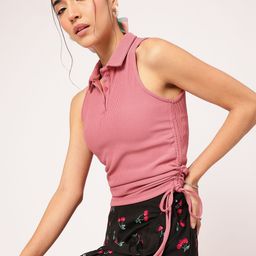DressBerry Soft-Girl Aesthetic Tie-Up Ruched Shirt-Style Ribbed Top-image-84