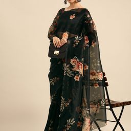Anouk Black & Pink Floral Organza Saree-picture-21