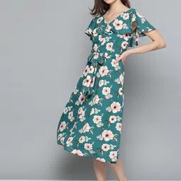 Harpa Women Teal Green & White Floral Print A-Line Dress-image-84