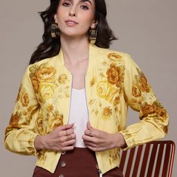 Label Ritu Kumar Floral Print Cotton Linen Crop Bomber Jacket-32