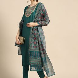 Sangria Women Green Ethnic Motifs Embroidered Kurta with Trousers & Dupatta-picture-20
