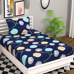 bsb home Navy Blue & Yellow Floral 144 TC Single Bedsheet with 1 Pillow Covers-image-49
