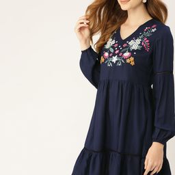 DressBerry Navy Blue Embroidered Tiered A-Line Dress-image-72