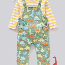 Babyhug Single Jersey Dungaree with Full Sleeves Striped T-shirt - Green and Yellow-image-40