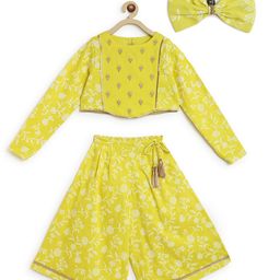 Tiber Taber Full Sleeves Chanderi Embroidered Top With Floral Foil Print Flared Pant And Bow Hair Clip - Yellow-picture-24