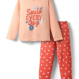 Honeyhap Premium Cotton Full Sleeves Floral Printed Night Suit with Bio Wash - Peach Parfait & Bittersweet-image-3