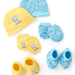 Doodle Poodle 100% Cotton Elephant Printed Cap Mittens & Booties Set Yellow & Blue Pack of 2 - Diameter 11 cm-image-54