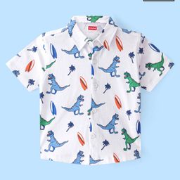 Babyhug Cotton Knit Half Sleeves Regular Collar Dino Printed Shirt - White-image-34