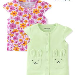 Babyoye 100% Cotton with Eco Jiva Finish Half Sleeves Vest Floral Print Pack of 2 - Pista & White-image-41