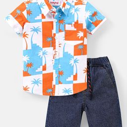 Babyhug Cotton Woven Half Sleeves Palm Trees Printed Shirt & Denim Shorts Set - Multicolor-image-92