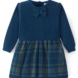 Babyhug Knitted Full Sleeves Woollen Dress with Checks Design & Bow Applique - Navy Blue-image-21