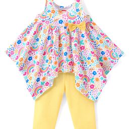 Babyhug Cotton Knit Sleeveless Frock Style Floral Printed Top & Pants Set With Bow Applique - Yellow-image-72