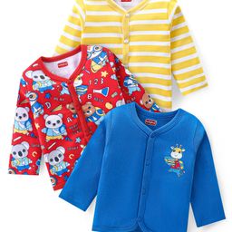 Babyhug Interlock Cotton Knit Full Sleeves Antibacterial Front Open Vests With Stripes & Animal Prints Pack of 3 - Yellow Blue & Red-image-73