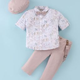 ToffyHouse 100% Poplin Woven Full Sleeves Animal Printed Shirt & Trouser Set with Hat Bow & Suspender - Peach & White-picture-19