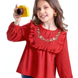 Babyhug Rayon Woven Full Sleeves Top with Frills & Foral Embroidery - Red-picture-24